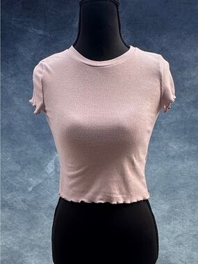 Divided Light Pink Ribbed Lettuce-Edge Crop Top